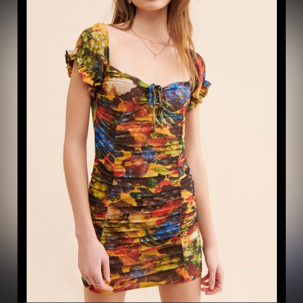 UO Retro Fruit Off-Shoulder Square Neck Ruched Mini Dress Bodycon Y2K Coquette M